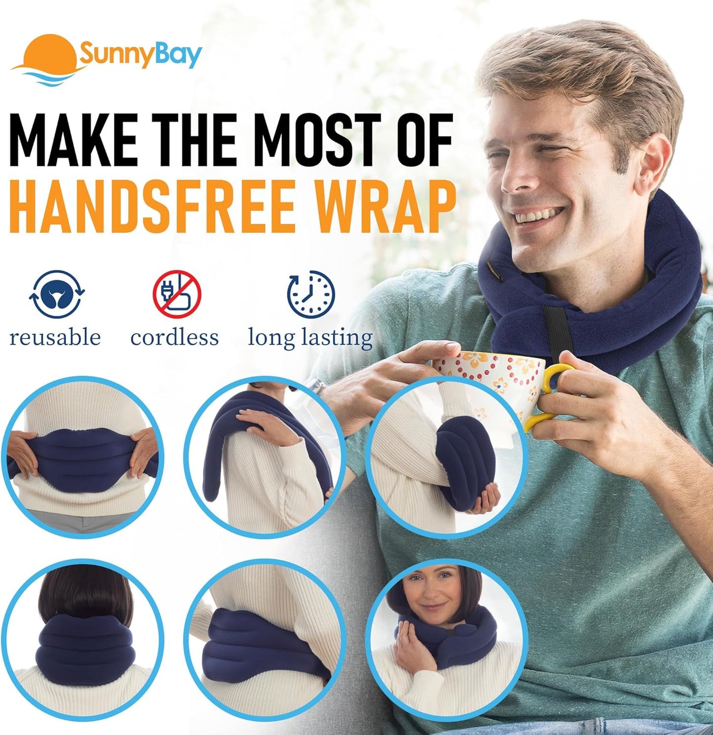 SunnyBay XL Microwave Heating Pad, Microwavable Heated Neck and Shoulder Wrap, Hands-Free Weighted Moist Hot or Cool Pack, Soft Fleece Cover and Flaxseed Filling, 30 Inch Extra-Long Length, Navy