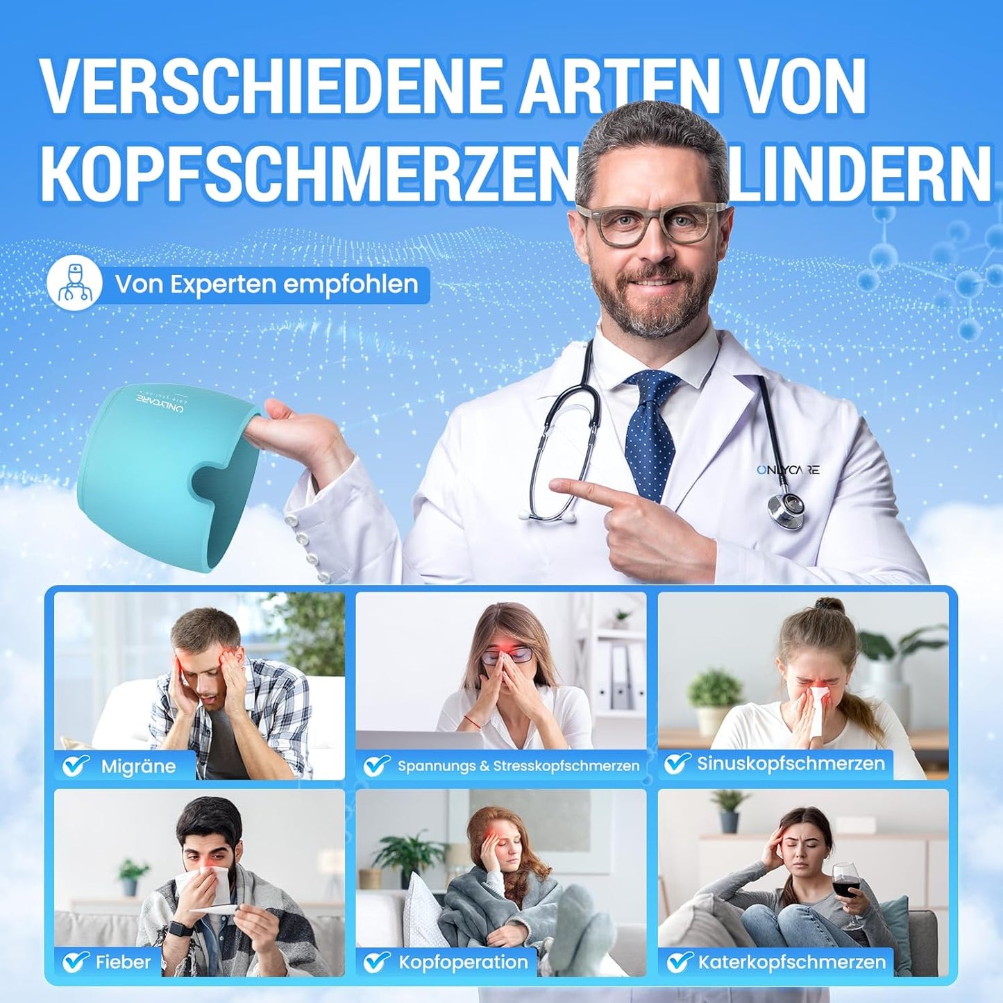 ONLYCARE Migraine Relief Cap, Upgraded Odorless Migraine Ice Head Wrap, Headache Relief Hat for Migraine, Blue