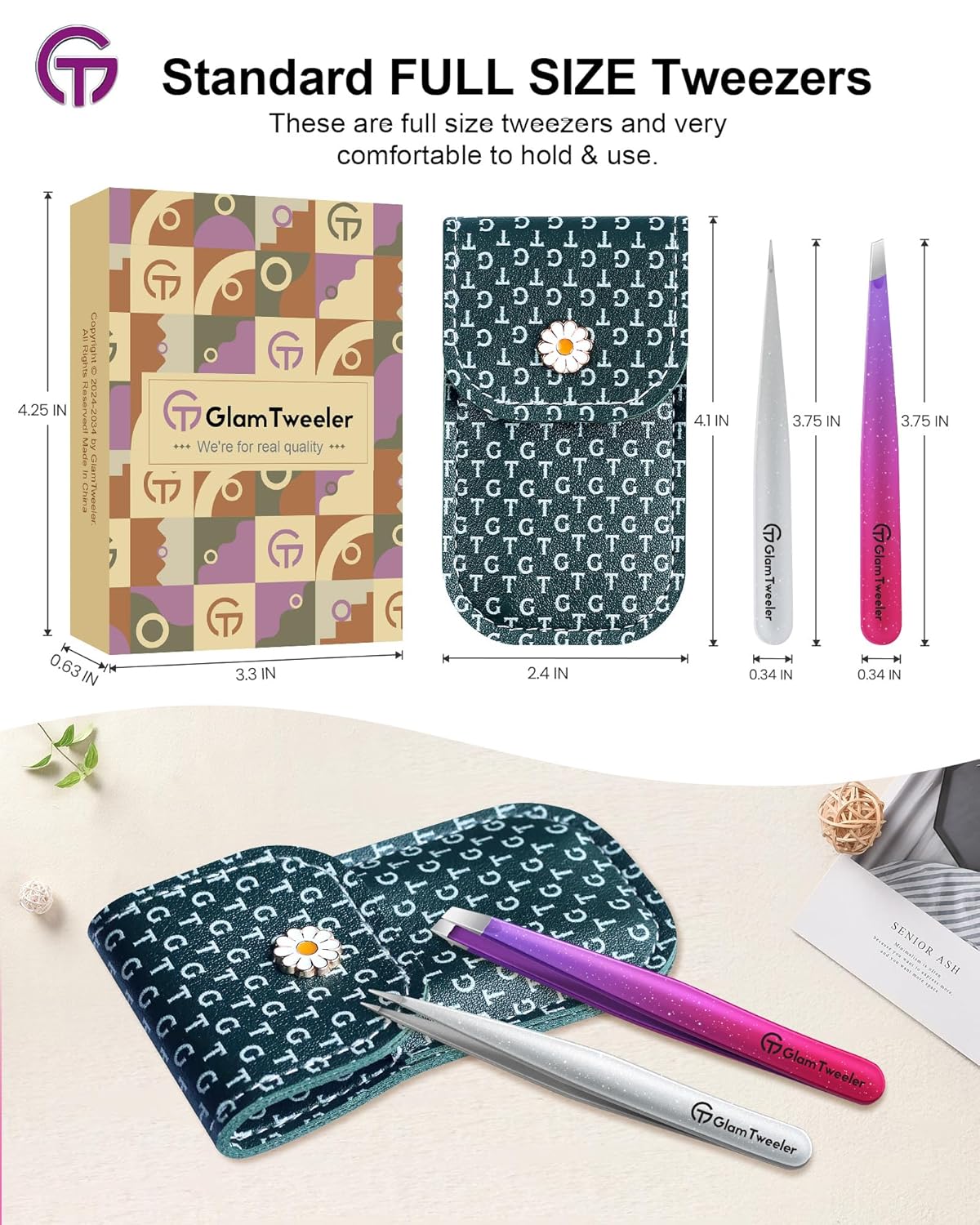 Expert Slant and Point Tip Tweezer Set with Exclusive Storage & Carrying Case, GlamTweeler Sharp & Precision Tweezer Set for Eyebrows, Facial Hairs & Fine Hairs Removal (Sparkle Deep Voilet + Silver)