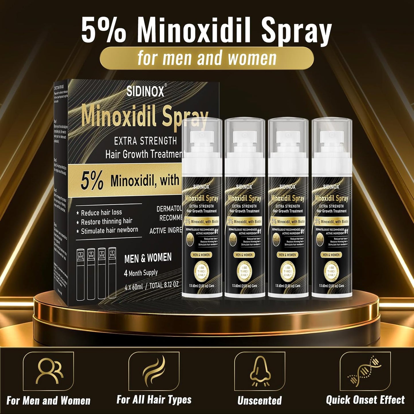 5% Minoxidil Spray for Men & Women (4 Month Supply)-Extra Strength Hair Growth Spray with Biotin & Castor Oil,Clinically Proven for Thinning Hair & Beard Regrowth, Non-Greasy Formula 4 pack(8.12 oz)