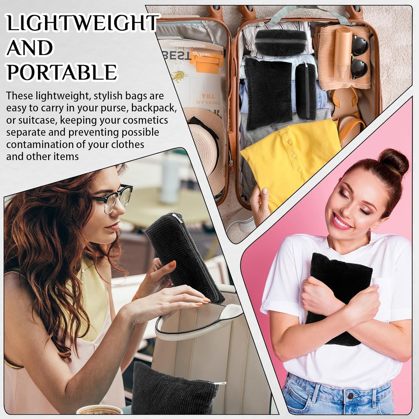 3 Pcs Makeup Bag Set for Women Corduroy Cosmetic Pouch Aesthetic Smile Travel Toiletry Bag Cute Purse Pouch Pencil Case Makeup Brushes Storage Organizer for Christmas(Black,Solid Style)