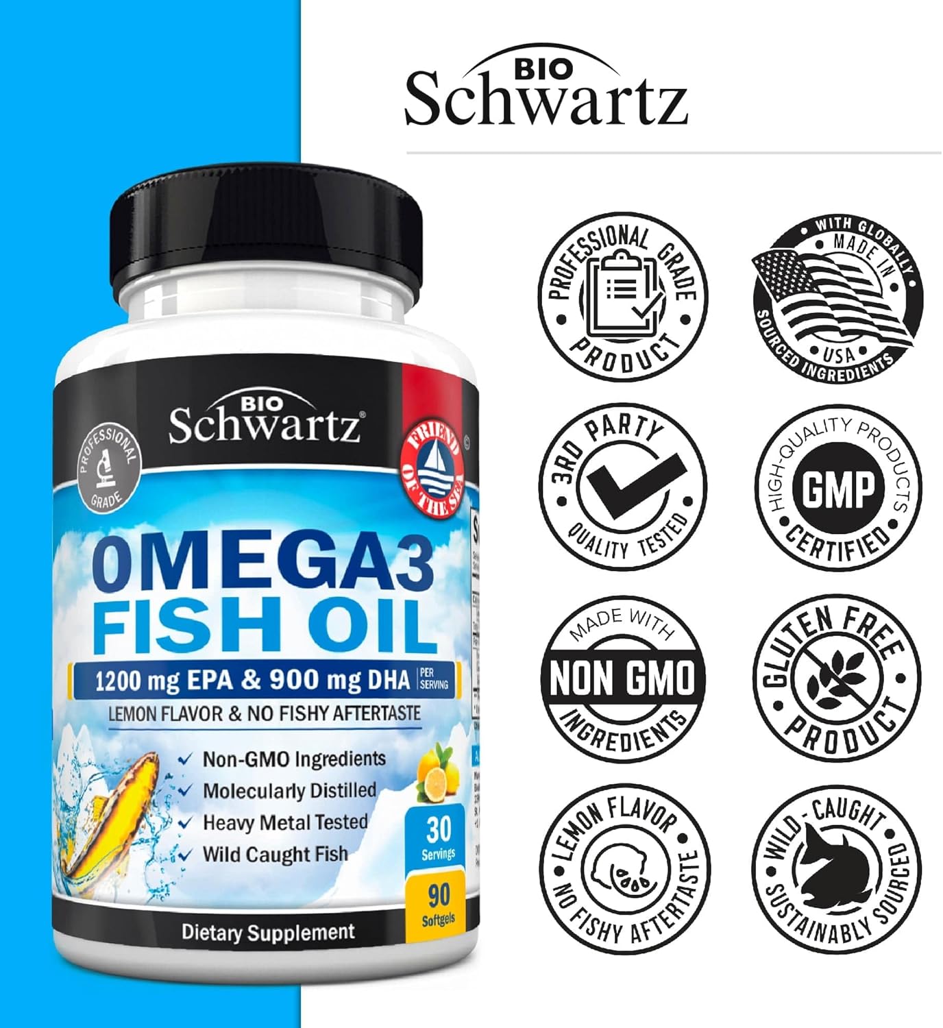 Triple Strength Omega 3 Fish Oil Supplement - 2250mg EPA DHA Omega 3 Fatty Acids from Fresh Wild Caught Fish, Burpless Lemon Flavor Formula Supports Eye Health and More, Gluten Free, 90 Softgels
