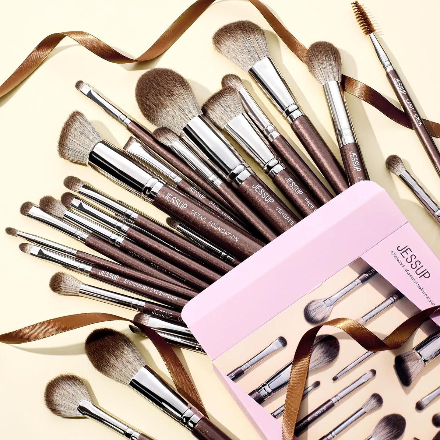 Jessup Makeup Brushes Set Professional 25pcs Premium Synthetic Make up Brushes for Foundation Eyeshadow Blending Concealer Blush Contour Bronzer Eyeliner Eyebrow, Shimmer Brown T511