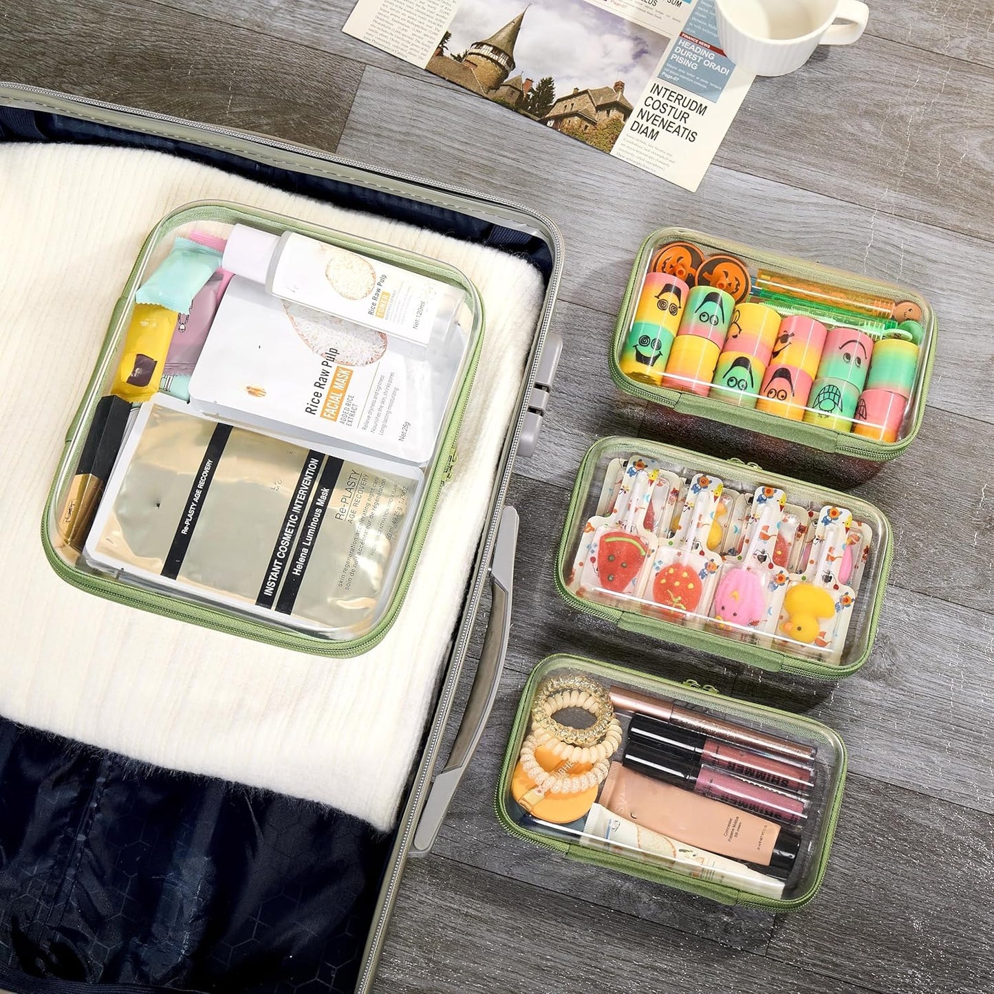 4 pcs Clear Zipper Pouches,Hard Shell Zipper Case, Toiletry Bag for Travel, CLear Diaper Bag, Toiletry Pouch, Travel Organizer, Clear Cosmetic Bag,Toy Storage Bins (M+3S) (Mint Green)