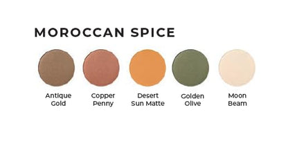 Moroccan Spice Shimmer White, Olive Green, Gold, Copper Penny Red, and Light Matte Orange Vegan Eyeshadow Palette; Talc, Paraben & Cruelty Free