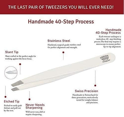 Slant Tweezer - Handmade in Switzerland - Professional Eyebrow & Facial Hair Remover - Etched Interior Grabs Hair from The Root - Perfectly Aligned Tips - Stainless Steel, White