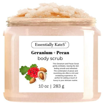 Geranium + Pecan Body & Foot Scrub 10 oz - a refreshing exfoliating experience, leaving your skin feeling smooth, soft, and revitalized - The best stocking stuffer.