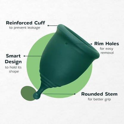 SHORDY Reusable Menstrual Cups (Large) Set of 2 with Mini Box, Medical Grade Silicone, Coupe Menstruelle, Safe Period Cup, Heavy Flow Kit, Feminine Hygiene, Tampons, Pads & Disc Alternative (Green)