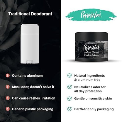 PiperWai Natural Deodorant Cream w/Activated Charcoal | 24-Hour Sweat Protection, Vegan, Aluminum Free Deodorant for Women & Men | Travel Essential Shark Tank Product | 2 oz Scented Single Jar