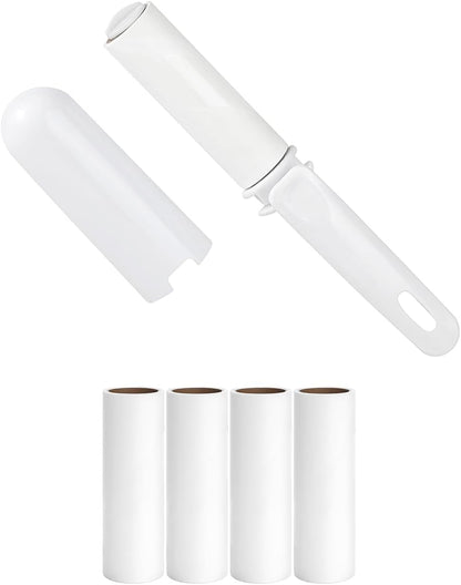 Mini Lint Roller Travel Size Refillable On The Go Lint Roller with Cap and 4 Refills Total 150 Extra Sticky Sheets for Pet Hair Lint Remover with Cover for Purse Bag Car (White)