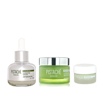 Pistaché Skincare Pistachio Oil Ultimate Face Trio Set + Eye Cream, Hyaluronic Acid Face Serum & Face Moisturizer + Hydrates and Nourishes + Vitamin E + Antioxidant Protection