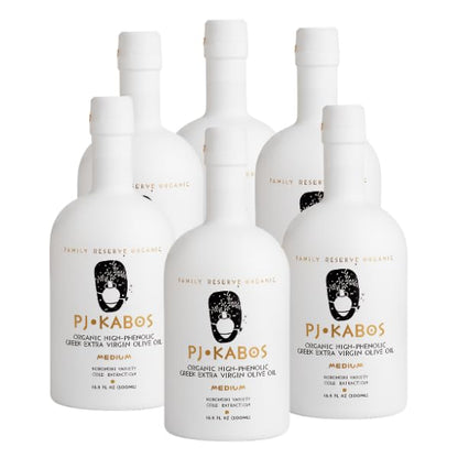 P.J. KABOS 2024/25 Harvest, High Phenolic (500+mg/kg), USDA Organic Greek Extra Virgin Olive Oil, Kosher, Greece, Cold Extracted, 6 x 16.9 oz, Koroneiki, "Family Reserve Organic -Medium"
