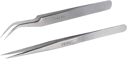 Best Eyelash Extension Tweezer Set - FEITA Pro Straight & Curved Pointy Precision Fine Tip Tweezers for Lash Extensions - Silver - 2Pcs