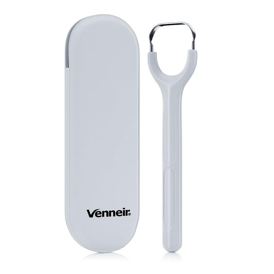 Venneir® Tongue Scraper with Travel Case, Oral Glide Pro–Bad Breath Treatment, Medical-Grade Stainless Steel– for Adults & Kids. 100% Rustproof, Sleek & Effective Design (Slate White)