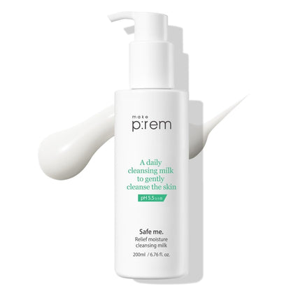 MAKE P:REM Safe Me. Relief Moisture Cleansing Milk, Hydrating Gentle Face Wash for Sensitive Skin with Soy Protein, Korean Milky Cleanser, Korean Skin Care, 6.76 Fl.Oz, 200ml