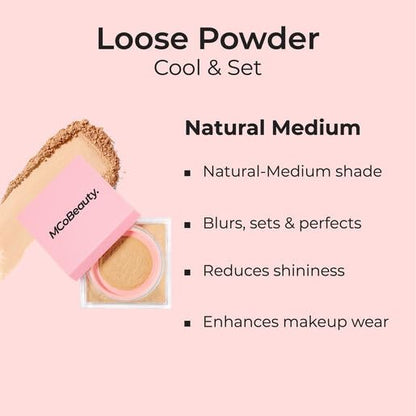 MCoBeauty Loose Powder Cool & Set - Natural Medium, Finely Milled Water-Based Setting Powder, Vegan, Cruelty Free Cosmetics