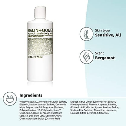 Malin + Goetz Essential Bergamot Purifying, Hydrating Hand + Body Wash, Natural Ingredients for All Skin Types, Soap for Sensitive, Dry Skin, No Stripping, Irritation, 16 Fl Oz