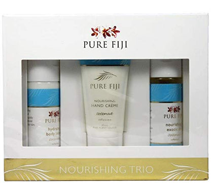 Pure Fiji Nourishing Trio, Ideal Spa Bath Gift Set for Women - Travel Kit - Includes Exotic Body Oil , Hydrating Body Lotion For Women and Nourishing Hand Cream, Coconut Scent
