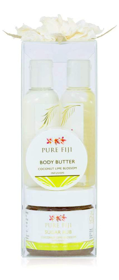 Pure Fiji Spa Gifts for Women and Man - Body Gift Box Include: Sugar Scrub , Bath and Body Oil, Body Butter and Body Lotion, Scent Coconut Lime Blossom