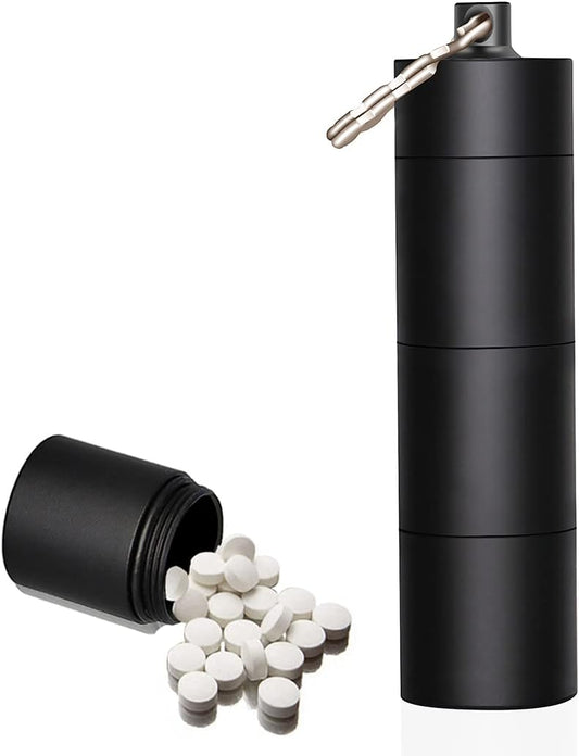 Portable Keychain Pill Holder Case, EFFIET 3 Compartments Metal Pocket Emergency Pill Container Dispenser Box Outdoor Medicine Bottle Tin for Daily Supplyment (Black)