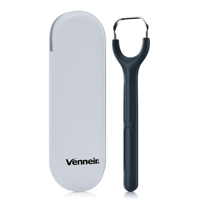 Venneir® Tongue Scraper with Travel Case, Oral Glide Pro–Bad Breath Treatment, Medical-Grade Stainless Steel– for Adults & Kids. 100% Rustproof, Sleek & Effective Design (Midnight Grey)