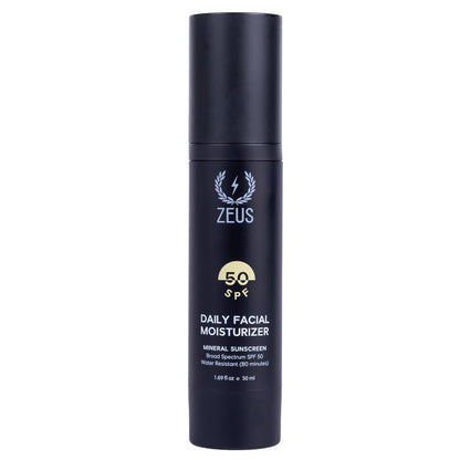 ZEUS Men's Daily Defense SPF50 Face Moisturizer for Men, Natural & Organic, Zinc Oxide Face Moisturizing Mineral Sunscreen, Hydrates & Protects Skin Against Harmful UV Rays (Made in USA)
