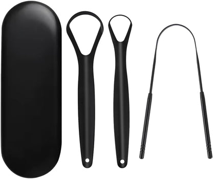 Set of 3 Tongue Scraper Set for Adults (Jet Black) with Travel Case, Reduce Bad Breath, Metal Tongue Scraper, Tongue Cleaner, Tongue Scraper, Tongue Cleaner for Adults