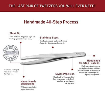 Professional Tweezers Diamond Slant Tip - Diamond Tip Tweezers for Men & Women - High Precision Design for Face, Eyebrow, Hair & Grooming - Stainless Steel Handmade Beauty Tool