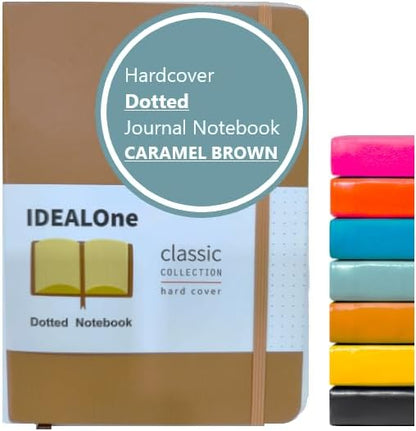 IDEALOne Dotted Classic Hardcover Notebook Journal – For Work, Home, School, 5.7 x 8 inches, 160 Pages, 100GSM, with Elastic Band Closure and Ribbon Bookmark (Caramel Brown, Single)