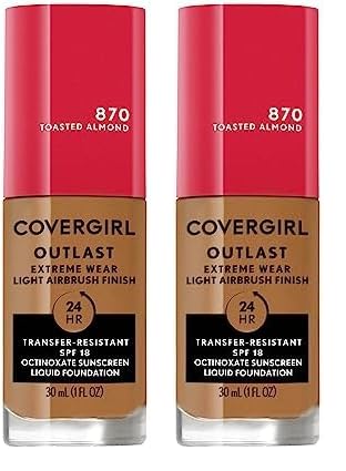 Covergirl Outlast Extreme Wear 3-in-1 Full Coverage Liquid Foundation, SPF 18 Sunscreen, Toasted Almond, 1 Fl. Oz. (Pack of 2)