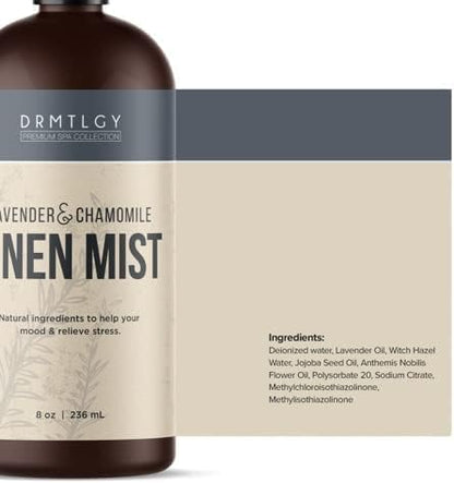 DRMTLGY Natural Lavender Linen Mist and Room Spray. Pure Lavender Essential Oil and Chamomile Pillow Spray, and Fabric Aromatherapy Spray, 8oz, 2 pack