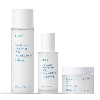 NACIFIC Uyu Cream Moisturizing Set Toner 150ml 5.07fl.oz, Ampoule 50ml 1.69fl.oz, Cream 50ml 1.69fl.oz, Milk Jeju Island, 100 housr lasting, Deep Moisture