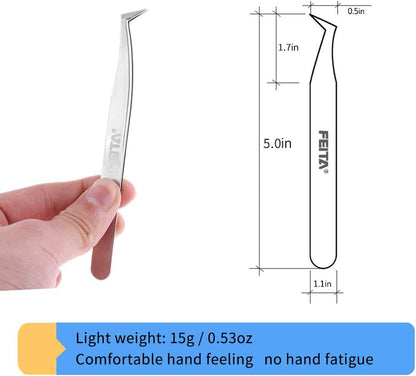 Volume Eyelash Extension Tweezer - FEITA Professional Angled Curved Pointed L-Shaped Precision Tweezers for 3D 4D 6D Lashes Extension - Silver