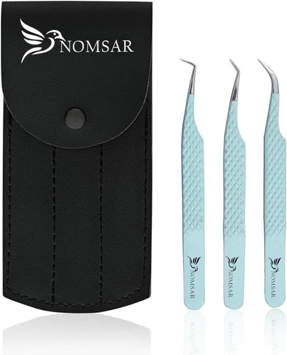 Eyelash Extensions Tweezers, Set of 3 - Stainless Steel with Diamond Grip for Volume lash Extension - Fiber Tip Tweezers for Multipurpose & Application (Light Green)