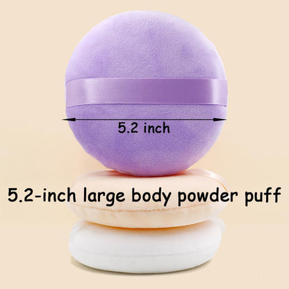 2 Pack Extra Large 5.2" Beige & Purple Powder Puffs and 5.3" Glass Container – Oversized Soft Body & Face Large Powder Puff Dusting Powder Jar Holder Case(Multi-Color Glass)