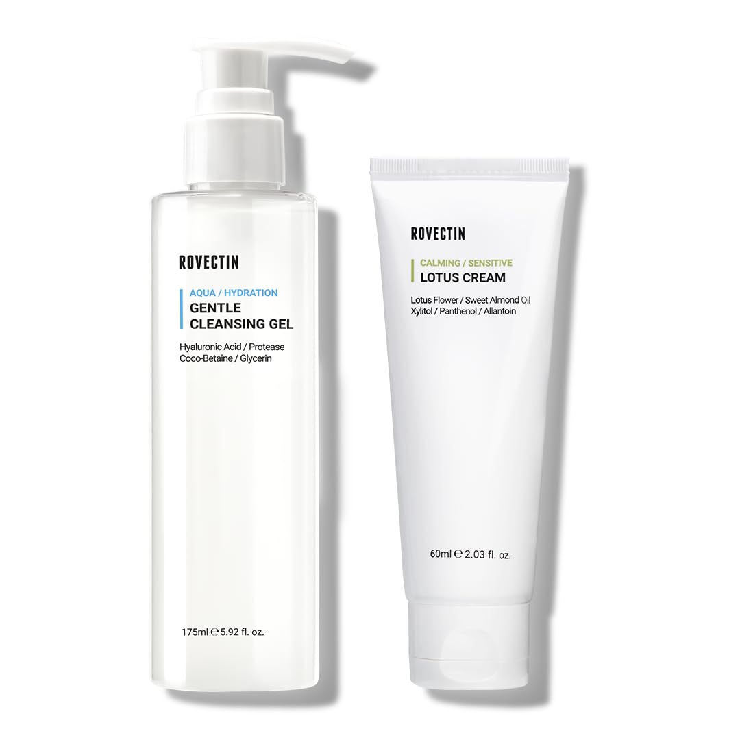 ROVECTIN Calming Lotus Water Cream (2.1 fl.oz, 60ml) Moisturizer + Aqua Cleansing Gel (5.9 fl. oz, 175ml) pH| Bundle [2 Pack]