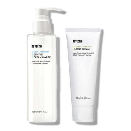 ROVECTIN Calming Lotus Water Cream (2.1 fl.oz, 60ml) Moisturizer + Aqua Cleansing Gel (5.9 fl. oz, 175ml) pH| Bundle [2 Pack]