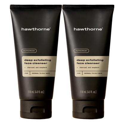 Hawthorne Men's Deep Exfoliating Charcoal Face Wash Cleanser For Normal to Oily Skin. Eliminate Dirt, Grease, and Grime. Natural Ingredients, Vegan, Sulfate Free. 2-Pack, 4 Fl. Oz. Each