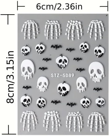 2 Pcs Halloween Nail Art Stickers 5D Embossed Scary Skull Self-Adhesive Nail Decals Halloween Stickers Bat Bones of The Dead Designs Nail Decorations Holiday DIY Acrylic Nail Accessories for Women