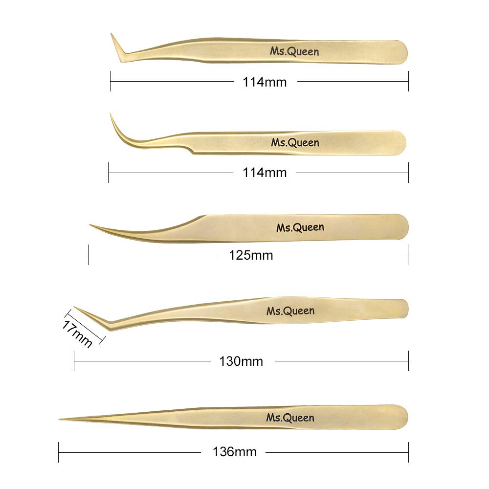 Ms.Queen Eyelash Extension Tweezers Set-Precision Tweezers for 2D-6D Volume&Individual False Lashes Extensions with PU Storage Case-Golden