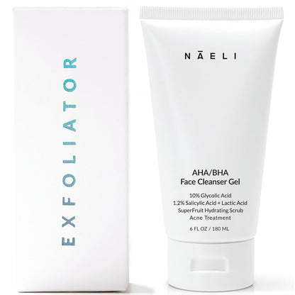 NAELI AHA/BHA Exfoliating Face Wash - 10% Glycolic Acid & Salicylic Acid Cleanser, Anti Aging Acne & Wrinkle Reducing Facial Exfoliant, Pore Minimizer & Brightening Gel, 6 oz
