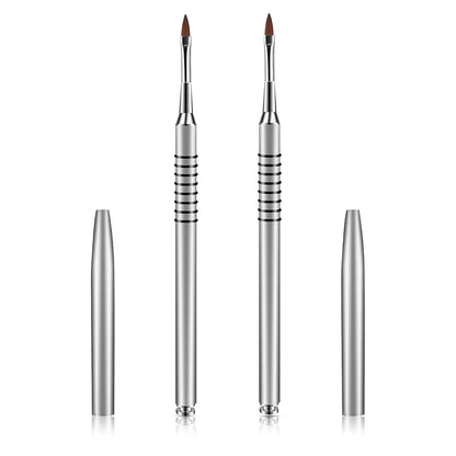 2 Pack 3D Nail Art Brush for Acrylic, Kolinsky Acrylic Nail Brushes Set, Nail Lining Brush Nail Salon Painting Brush Pen with Non-Slip Handle, Silver Metal Nail Art Pen (Size #2)