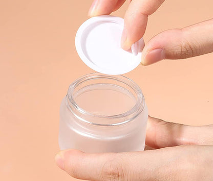 50 Gram/50 ml Empty Sample Jars Round Frosted Glass Bottle Cosmetic Cream Jar Wood Grain Lid Cosmetic Container Glass Cream Box Refillable Cream Pot Jars for Lip Balm Lotion Eyeshadow,4 Pack