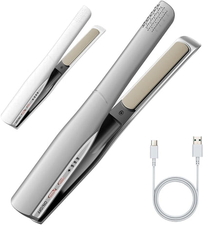 Cordless Hair Straightener and Curler 2 in 1, Fast Heating Cordless Flat Iron, Ultra-Light Portable Straightener for On The Go, Anti-Scald Design with USB-C Charging& Negative Ion (Gray)