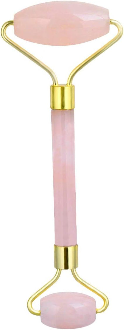 Rockcloud Natural Crystal Stone Roller Massager Double Neck Face & Neck Massage Therapy Anti-Aging Wrinkle Healing Slimming Skincare Tool,Rose Quartz
