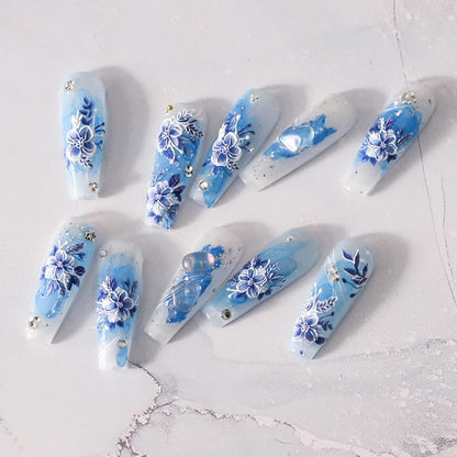 5D Embossed Nail Stickers Flower Nail Art Stickers Decals Self-Adhesive Floral Nail Supplies Blue Floral Leaf Nail Art Design Decorations Nail Art Decals for Women