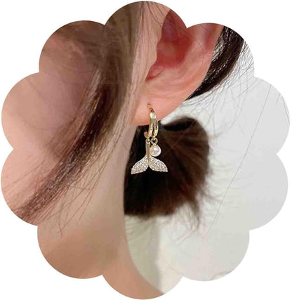Boho Crystal Pearl Dangle Earrings Cz Mermaid Tail Stud Earrings Gold Pearl Hoop Earrings Vintage Whale Tail Earrings Jewelry for Women