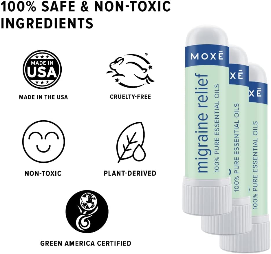 MOXE Migraine Relief Nasal Inhalers, Essential Oils for Headaches & Tension Relief, Portable Aromatherapy, Easy-to-Use, Pure & Undiluted, Peppermint, Spearmint, Eucalyptus, Tea Tree, USA Made, 3 Pack