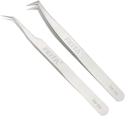 Professional Tweezers Set - FEITA Precision Tweezers with Travel Case - Stainless Steel Tweezers for Plucking, Watchmakers, Jewelry, Electronic, Craft (Silver 7Pcs)