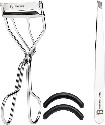 Eyelash Curlers and Tweezers for Every Eye Shape"" 2 in 1 Eyelash Curler and Tweezer Set for Instant Beauty"" Travel-Friendly and Easy to use, Silver
